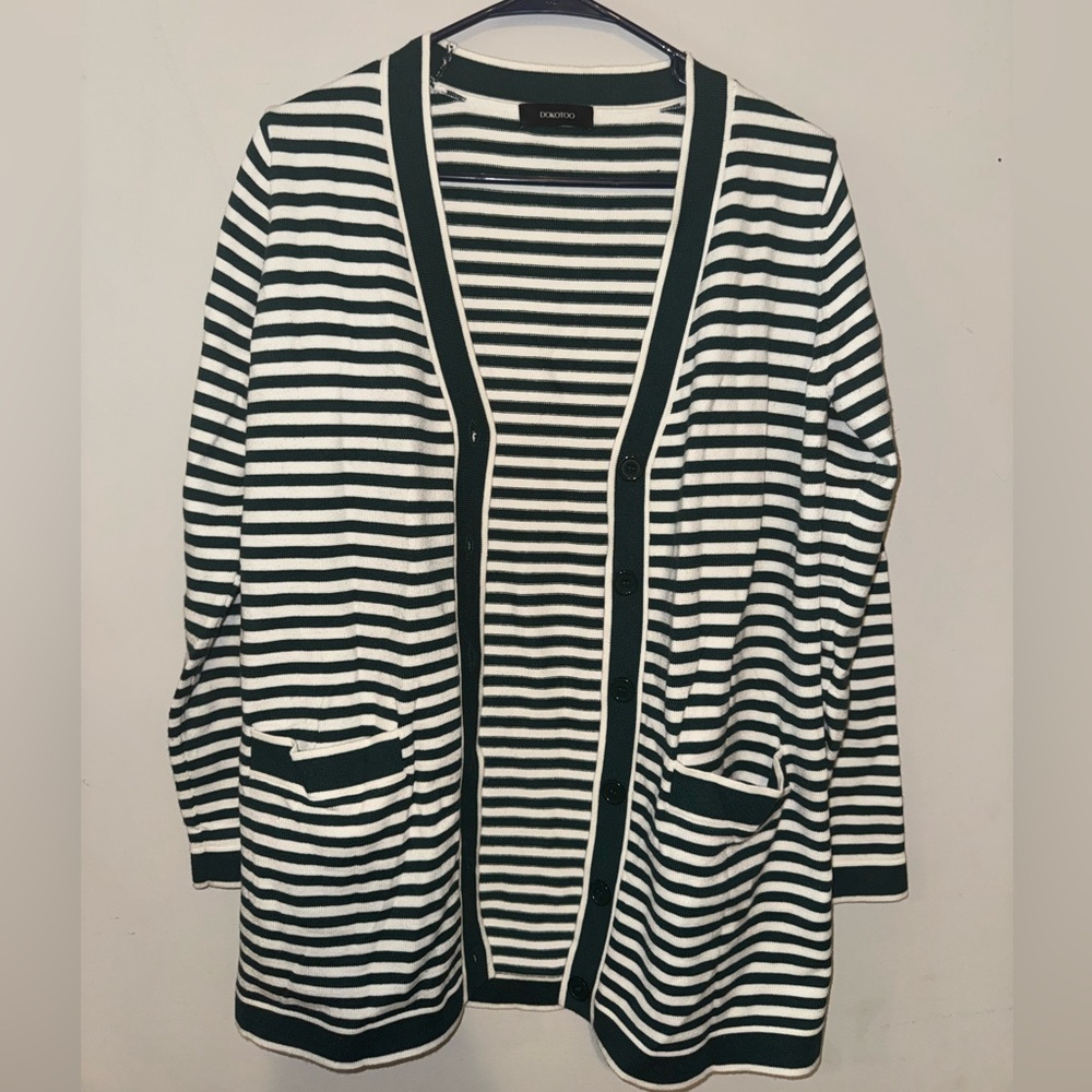 Green and White Striped Cardigan